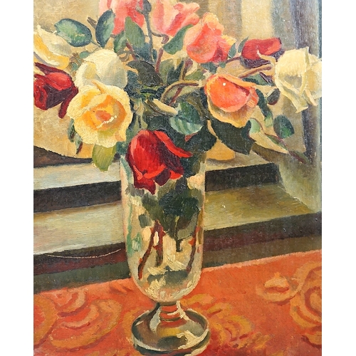 116 - § § Adrian Paul Allinson ROI (English, 1890-1959) Roses in a glass vaseoil on board40 x 32cm... 