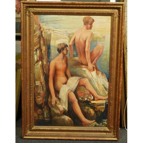 118 - Edward Bouverie Hoyton (English, 1900-1988) Boys bathing from rocksoil on canvassigned75 x 49cm... 