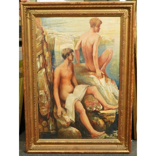 118 - Edward Bouverie Hoyton (English, 1900-1988) Boys bathing from rocksoil on canvassigned75 x 49cm... 