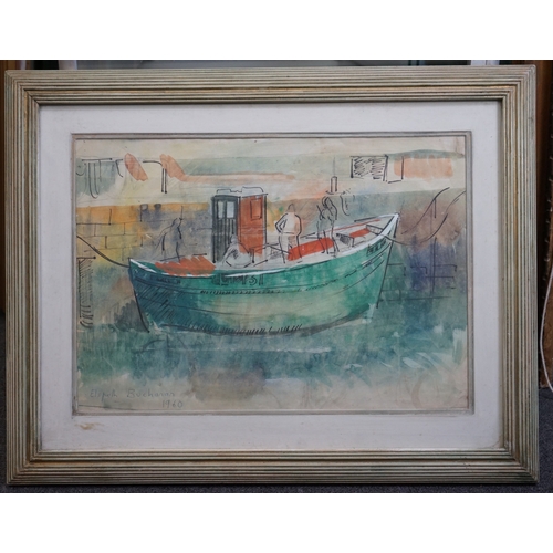 121 - Elspeth Buchanan (Scottish, 1915-2011) Fishing boat in harbour and Fish marketink and watercolourone... 