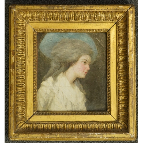 13 - Manner of George Romney (British, 1734-1802) Study for a portrait of a lady wearing a blue hatoil on... 