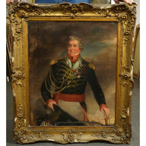 16 - Early 19th Century English School Three quarter length portrait of a Napoleonic General, standing wi... 