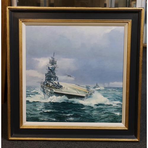 162 - § § Geoff Hunt PPRSMA (British, 1948-2008) Royal Naval aircraft carrier at seaoil on canvas boardsig... 