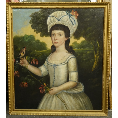 18 - Late 18th century English School Half length portrait of a young woman, standing in a landscape hold... 