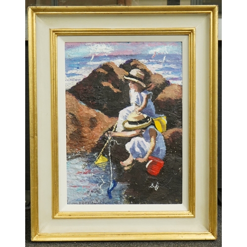 190 - Sharyn Jennings (British, 20th C.), Sister of Sherree Valentine Daines Children rock poolingoil on b... 