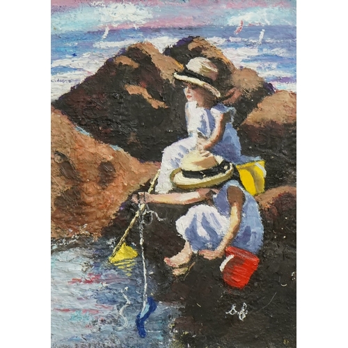 190 - Sharyn Jennings (British, 20th C.), Sister of Sherree Valentine Daines Children rock poolingoil on b... 