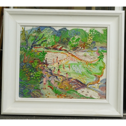 197 - § § Fred Yates (English, 1922-2008) 'Sunbathers'oil on canvassigned37 x 45cm... 