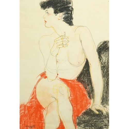 199 - § § Jo Brocklehurst (English, 1935-2006) Seated nude smoking a cigarettepencil and crayon on papersi... 