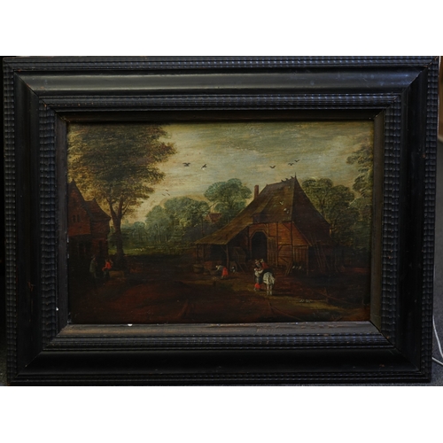 22 - Follower of Jan Breughel the Elder (1568-1625) Village scene with figures beside a houseoil on panel... 