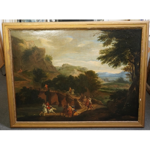 27 - 19th century Flemish School 17th century style Italianate landscape with riders on a laneoil on canv... 