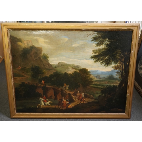 27 - 19th century Flemish School 17th century style Italianate landscape with riders on a laneoil on canv... 