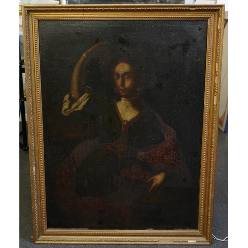 32 - 18th century Spanish School Portrait of a lady holding a basket of fruitoil on canvas101 x 75cm... 