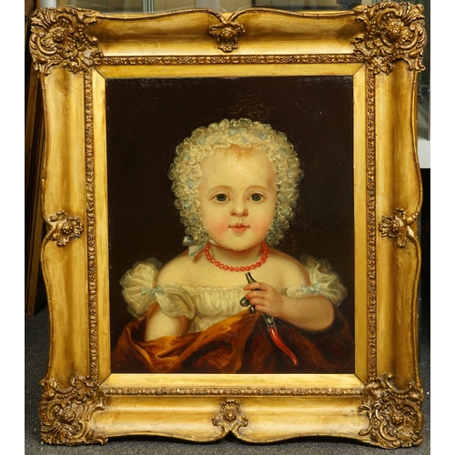 39 - English School c.1840 Portrait of an infant wearing a coral necklace and holding a silver rattleoil ... 