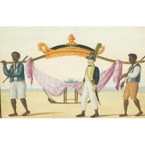 45 - 19th century Portuguese School European officer and two bearers with a palanquin holding a dessertgo... 