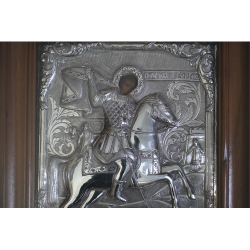 51 - 19th century Greek School St George and the dragonicon with silver oklad28 x 24cm... 