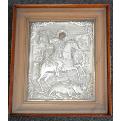 51 - 19th century Greek School St George and the dragonicon with silver oklad28 x 24cm... 