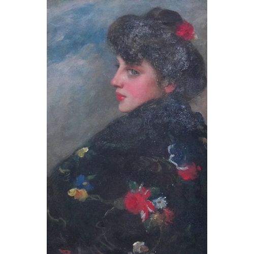 61 - 19th Century French School Portrait of a young lady wearing a floral shawloil on canvassigned37 x 24... 