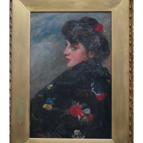 61 - 19th Century French School Portrait of a young lady wearing a floral shawloil on canvassigned37 x 24... 