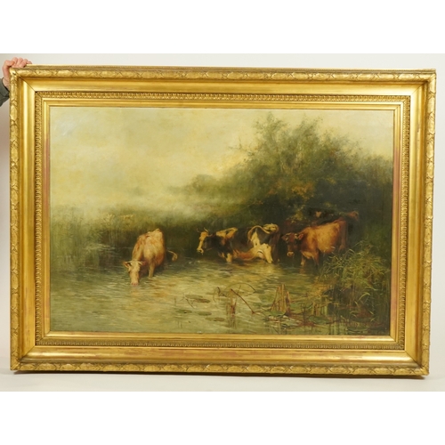 70 - Philip Eustace Stretton (British, 1865-1919) Cattle wateringoil on canvassigned100 x 151cm... 