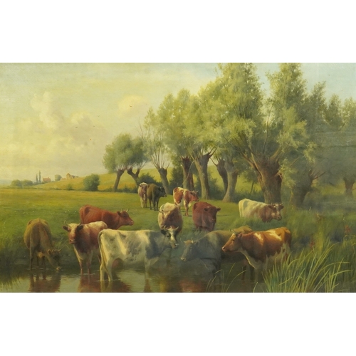 73 - William Sidney Cooper (English, 1854-1927) Cattle watering, willow trees beyondoil on canvassigned a... 