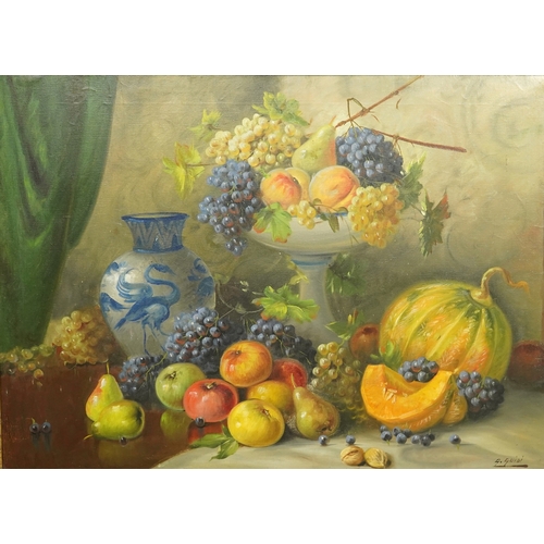 80 - G. Guidi Still life with a melon, grapes, pears, apples and walnutsoil on canvassigned67 x 94cm... 