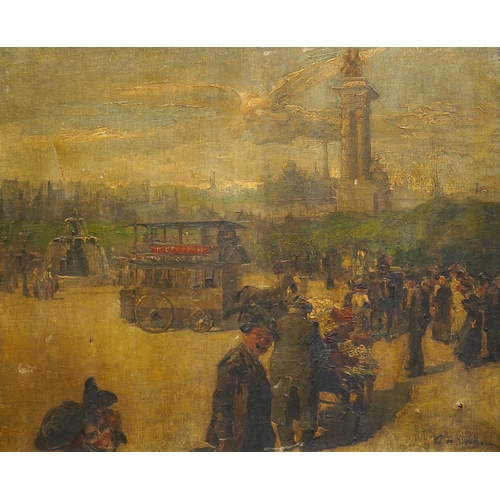 92 - Impressionist School Street scene with tram, fountain and triumphal archoil on canvasindistinctly si... 