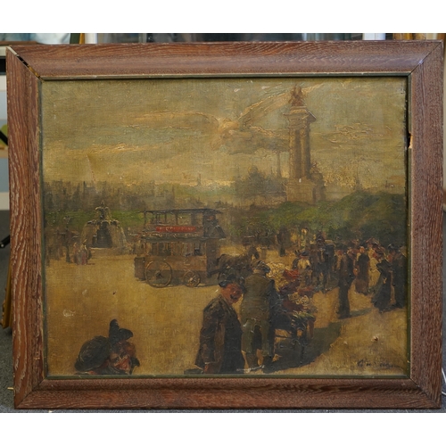 92 - Impressionist School Street scene with tram, fountain and triumphal archoil on canvasindistinctly si... 