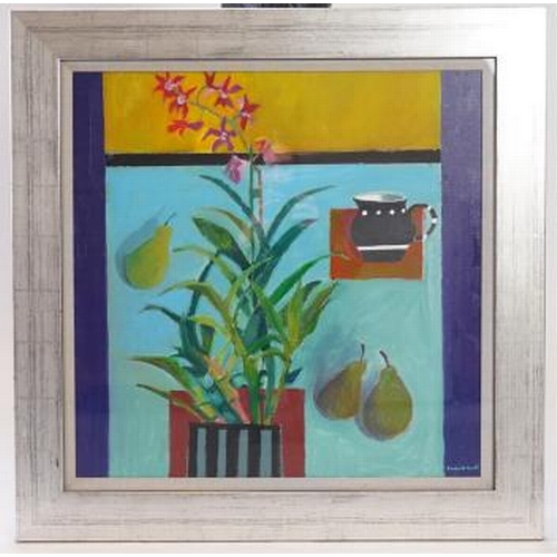 202 - David Martin (b.1922), 'Black jug and orchid', oil on canvas, signed, 61 x 61cm