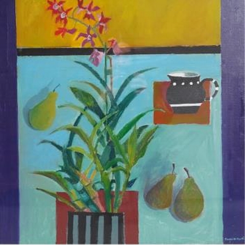 202 - David Martin (b.1922), 'Black jug and orchid', oil on canvas, signed, 61 x 61cm