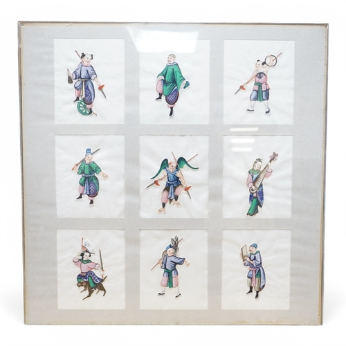 306 - Nine Chinese pith paper painted appliqués, mounted and framed as one, performers and musicians, each... 