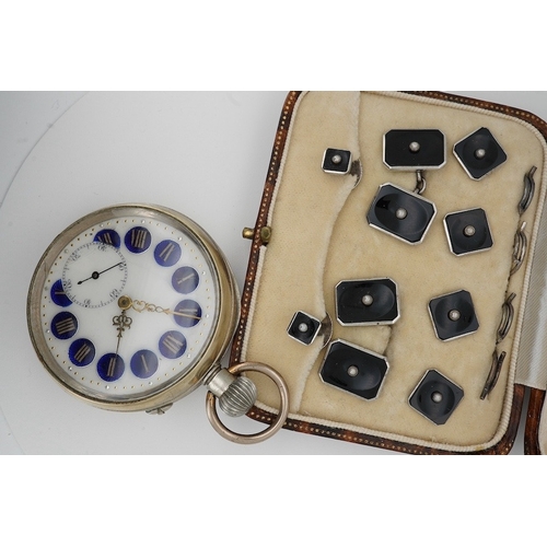 902 - A cased early 20th century, sterling, black onyx and seed pearl set eight piece dress stud set, toge... 