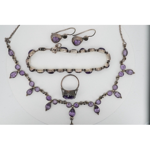 905 - A 925 and amethyst cluster set drop necklace, 44cm, together with a 925 and amethyst set bracelet, a... 