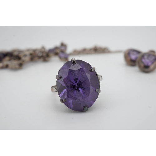 905 - A 925 and amethyst cluster set drop necklace, 44cm, together with a 925 and amethyst set bracelet, a... 