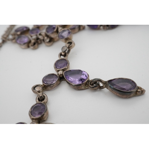 905 - A 925 and amethyst cluster set drop necklace, 44cm, together with a 925 and amethyst set bracelet, a... 