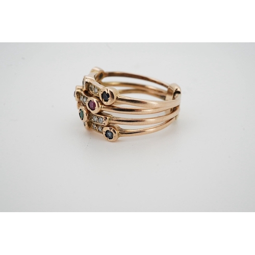 908 - A gem-set and diamond 'harem' ring, composed of four bands held together at the base, variously set ... 