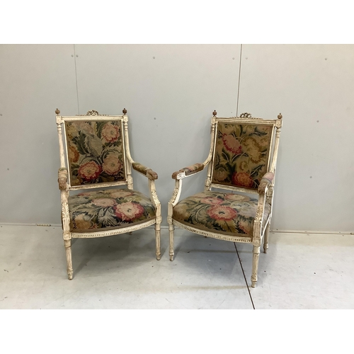 1062 - A pair of Louis XVI carved fauteuil, tapestry upholstered seat and back, width 57cm, depth 50cm, hei... 