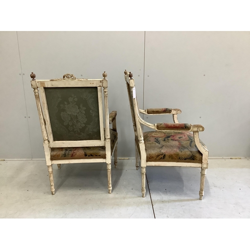1062 - A pair of Louis XVI carved fauteuil, tapestry upholstered seat and back, width 57cm, depth 50cm, hei... 