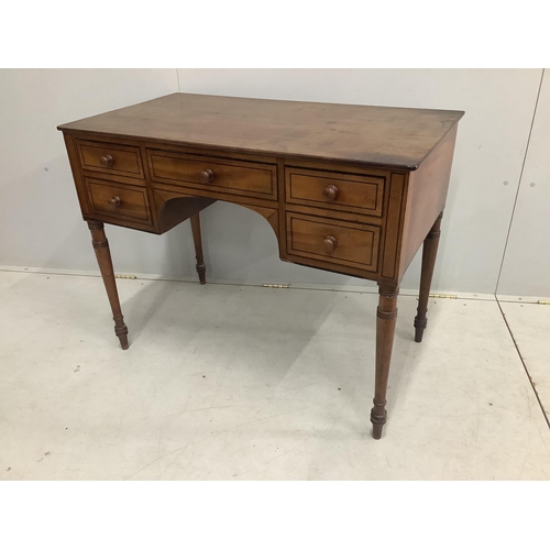 1103 - A Regency ebony strung mahogany kneehole dressing table, width 99cm, depth 55cm, height 78cm. Condit... 