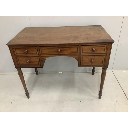 1103 - A Regency ebony strung mahogany kneehole dressing table, width 99cm, depth 55cm, height 78cm. Condit... 