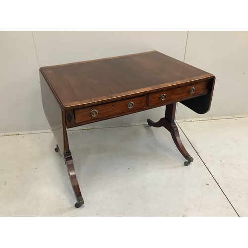 1110 - A George III banded mahogany sofa table, width 91cm, depth 64cm, height 71cm. Condition - fair... 