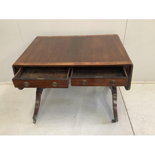 1110 - A George III banded mahogany sofa table, width 91cm, depth 64cm, height 71cm. Condition - fair... 