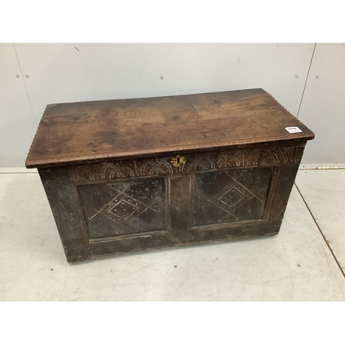 1112 - A small 17th / 18th century carved oak coffer, width 82cm, depth 39cm, height 47cm. Condition - poor... 