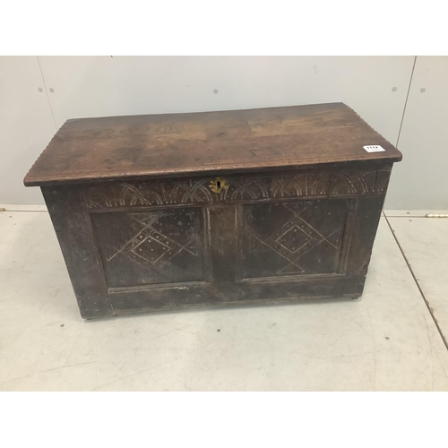 1112 - A small 17th / 18th century carved oak coffer, width 82cm, depth 39cm, height 47cm. Condition - poor... 