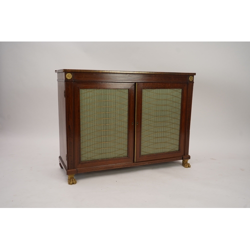 1141 - A Regency ormolu mounted rosewood and mahogany side cabinet, with brass front top and two silk pleat... 