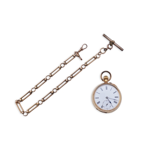 62 - A continental 18k gold open faced keyless lever pocket watch, with a 9ct albert, the watch with Roma... 
