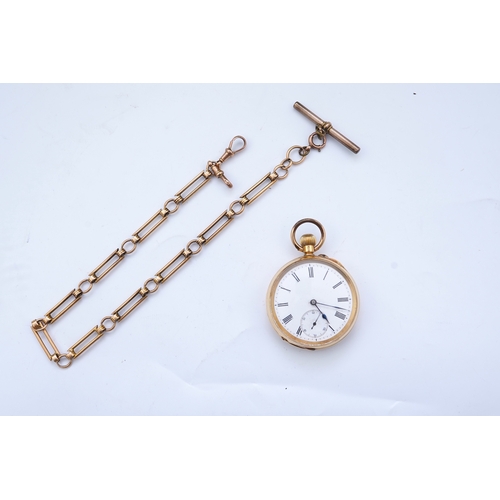 62 - A continental 18k gold open faced keyless lever pocket watch, with a 9ct albert, the watch with Roma... 