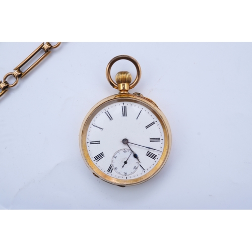 62 - A continental 18k gold open faced keyless lever pocket watch, with a 9ct albert, the watch with Roma... 