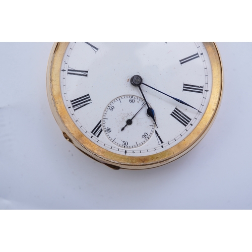 62 - A continental 18k gold open faced keyless lever pocket watch, with a 9ct albert, the watch with Roma... 