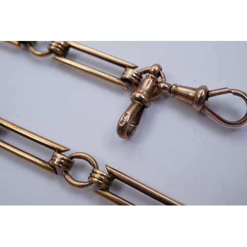 62 - A continental 18k gold open faced keyless lever pocket watch, with a 9ct albert, the watch with Roma... 