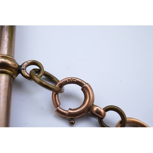 62 - A continental 18k gold open faced keyless lever pocket watch, with a 9ct albert, the watch with Roma... 